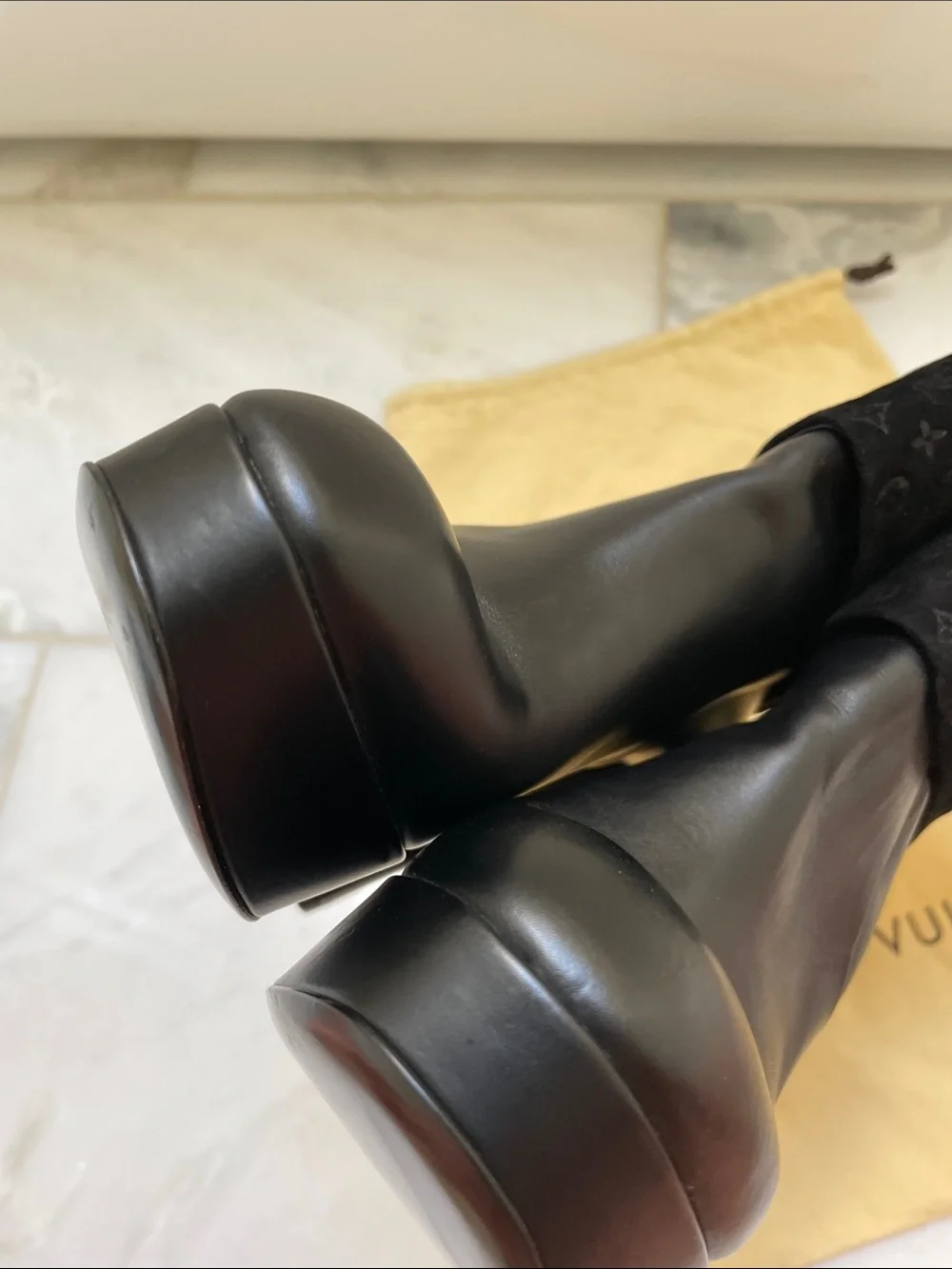 Louis Vuitton Black Leather Platform Ankle Boots with Monogram Velvet Cuff